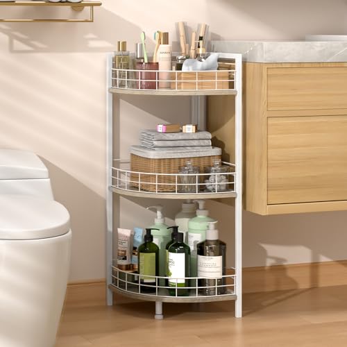 DAOUTIME Bathroom Standing Shelf 3 Tier FreeStanding Shelf Units Open Floor Shelves Triangular Curved Corner Shelf Stand for Small Space Ideal for BathroomKitchenVanity Storage and Organizer